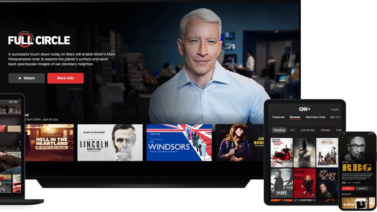 CNN+ product artwork showing Full Circle on a TV and an on-demand library on smaller devices.