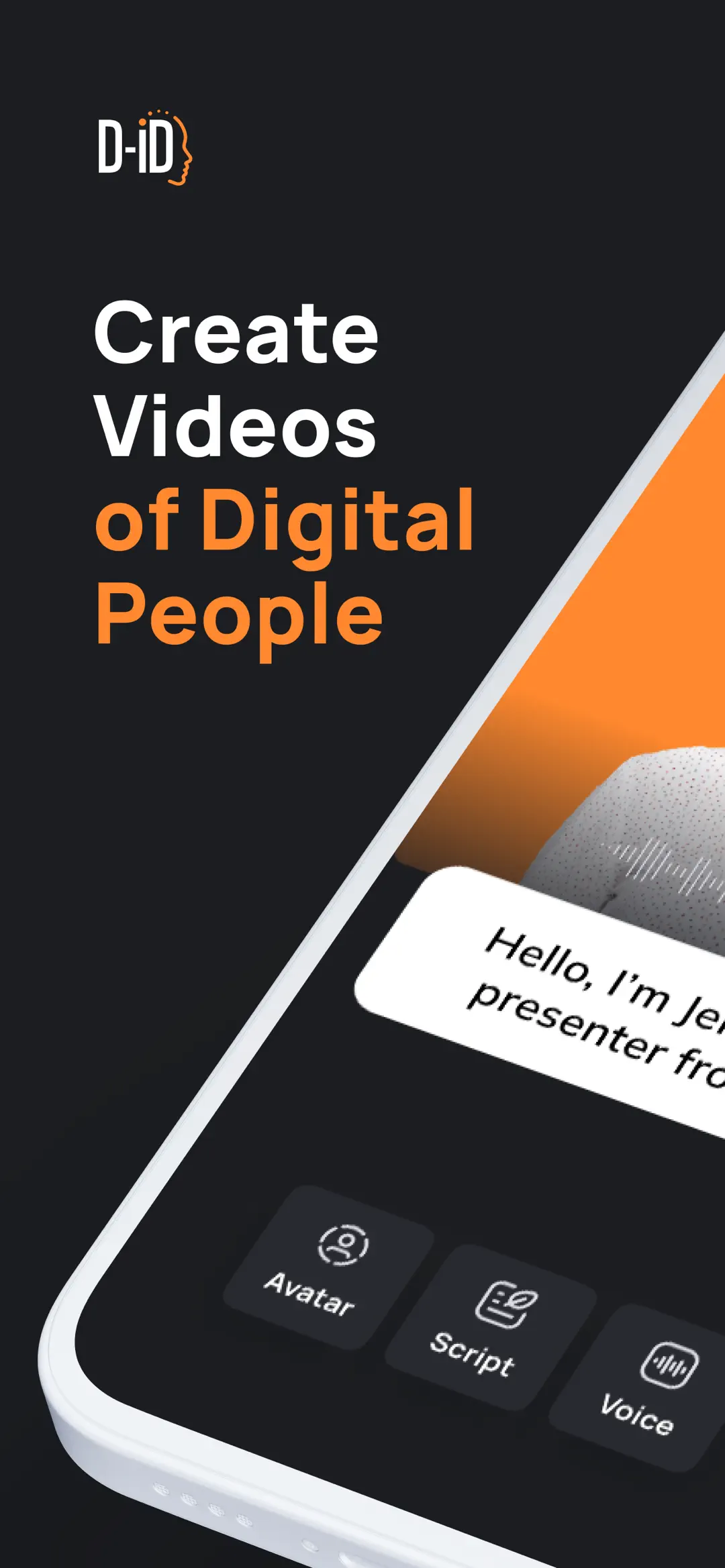 D-ID: Create videos of digital people, with avatar, script, and voice controls.