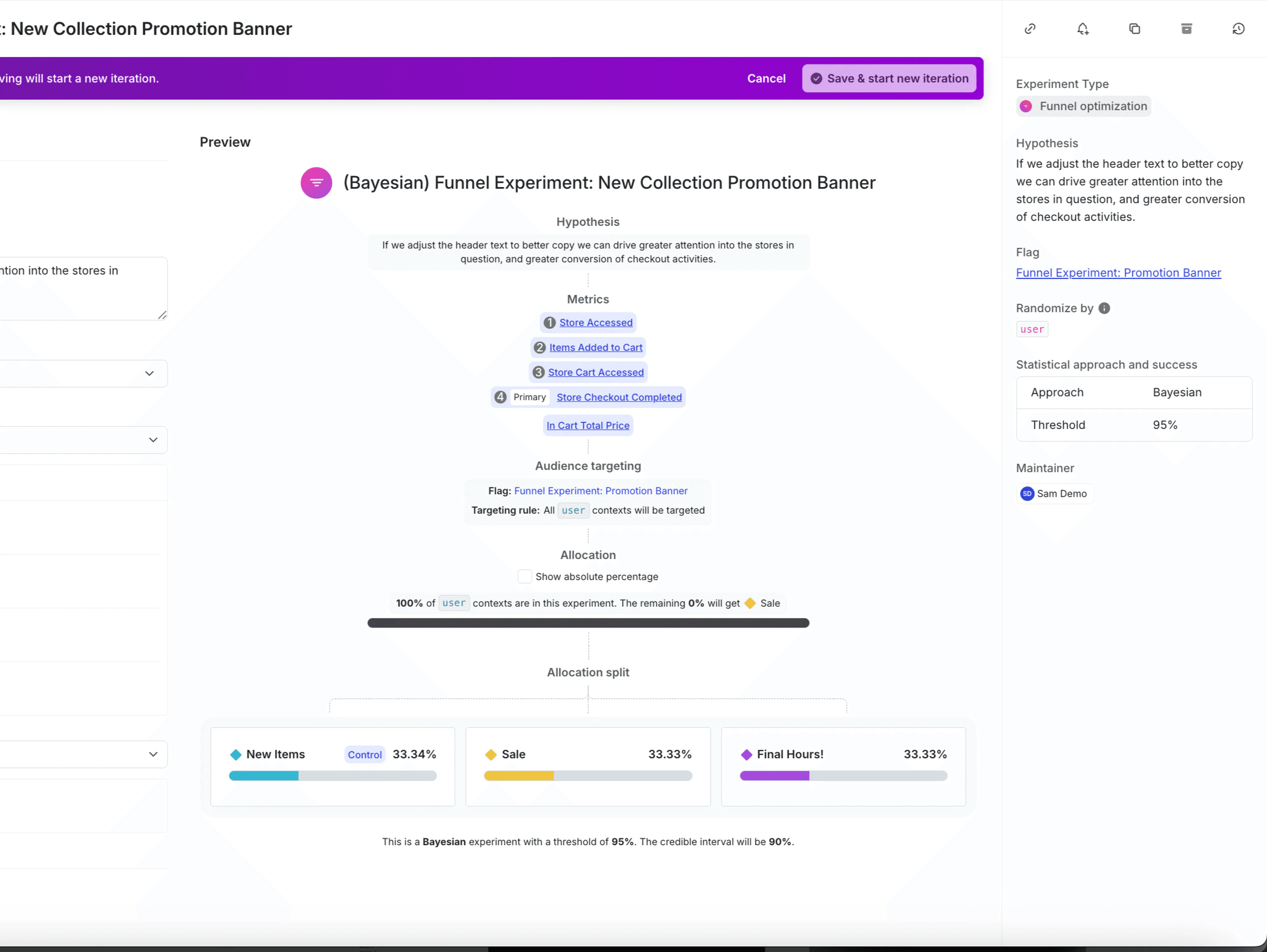 LaunchDarkly funnel experiment preview showing metrics, audience targeting, and traffic allocation across three variations.