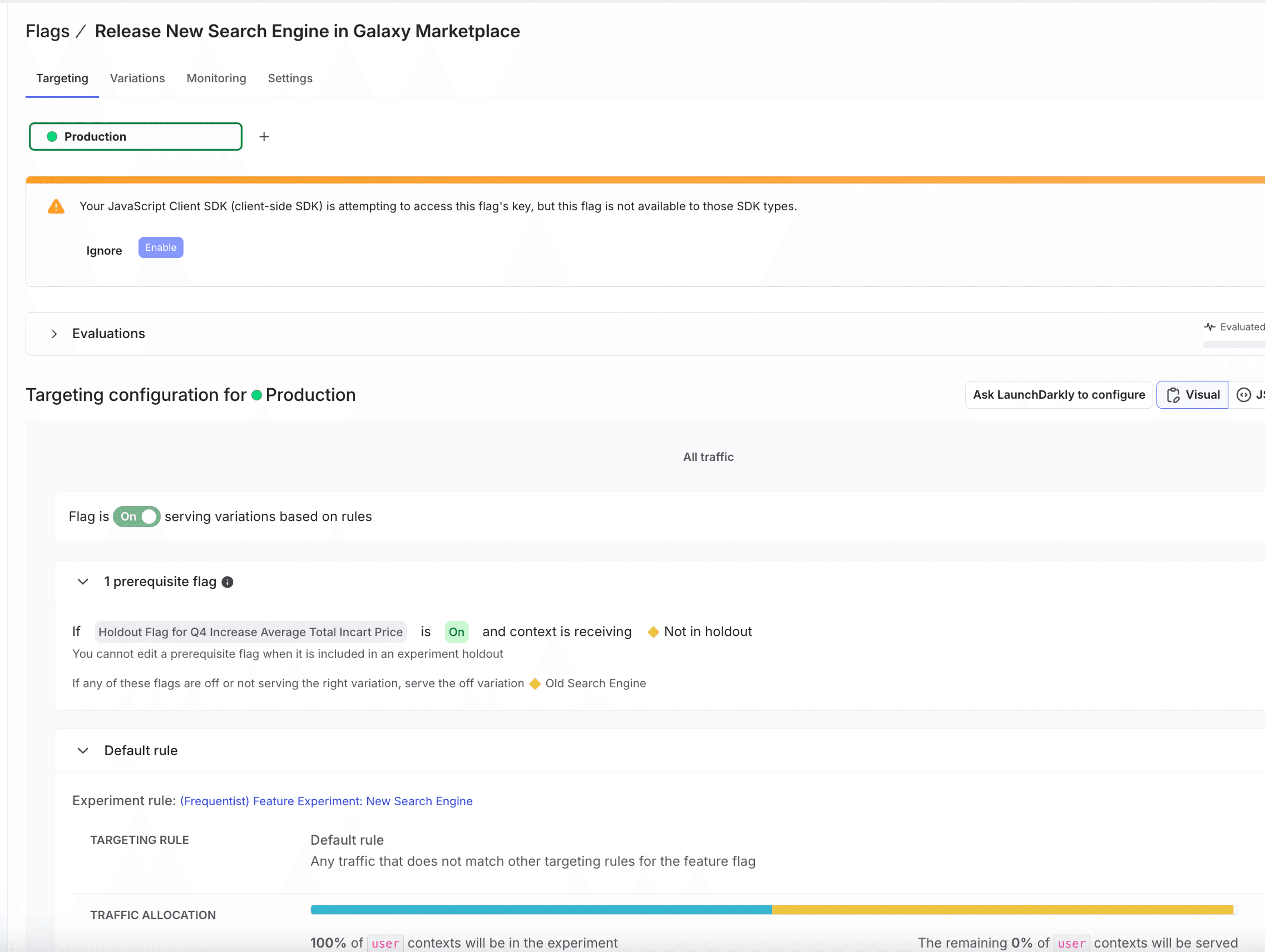LaunchDarkly feature-flag targeting with a prerequisite holdout flag and an experiment traffic allocation rule.