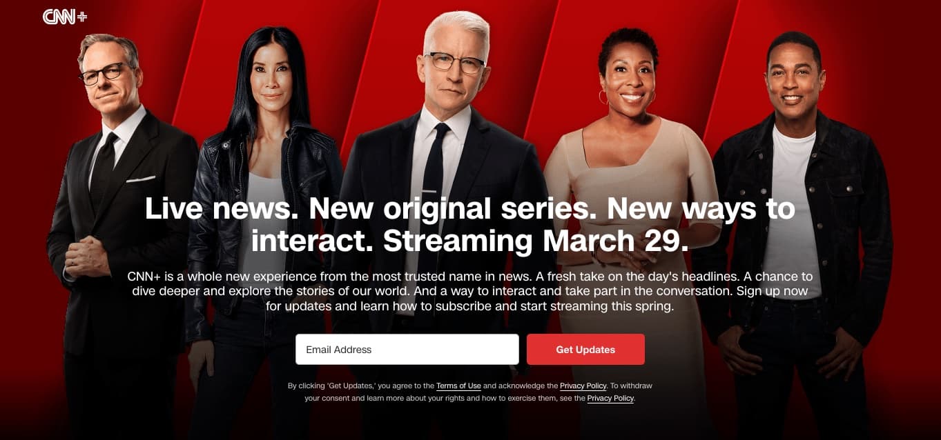 Archived CNN+ launch promotion featuring CNN presenters and the March 29 streaming launch announcement.