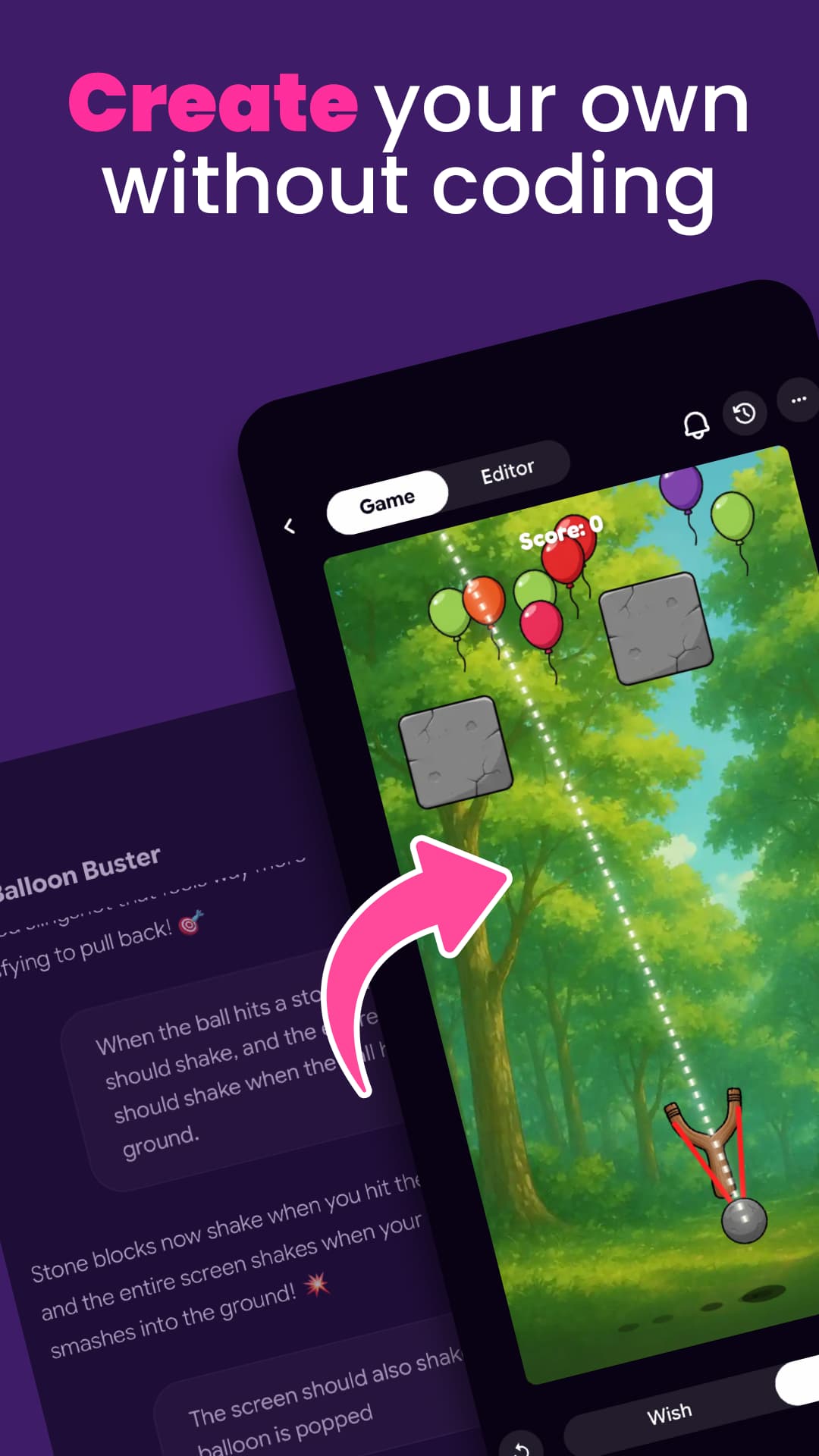 Astrocade: Create your own without coding, showing a prompt alongside a playable balloon game.