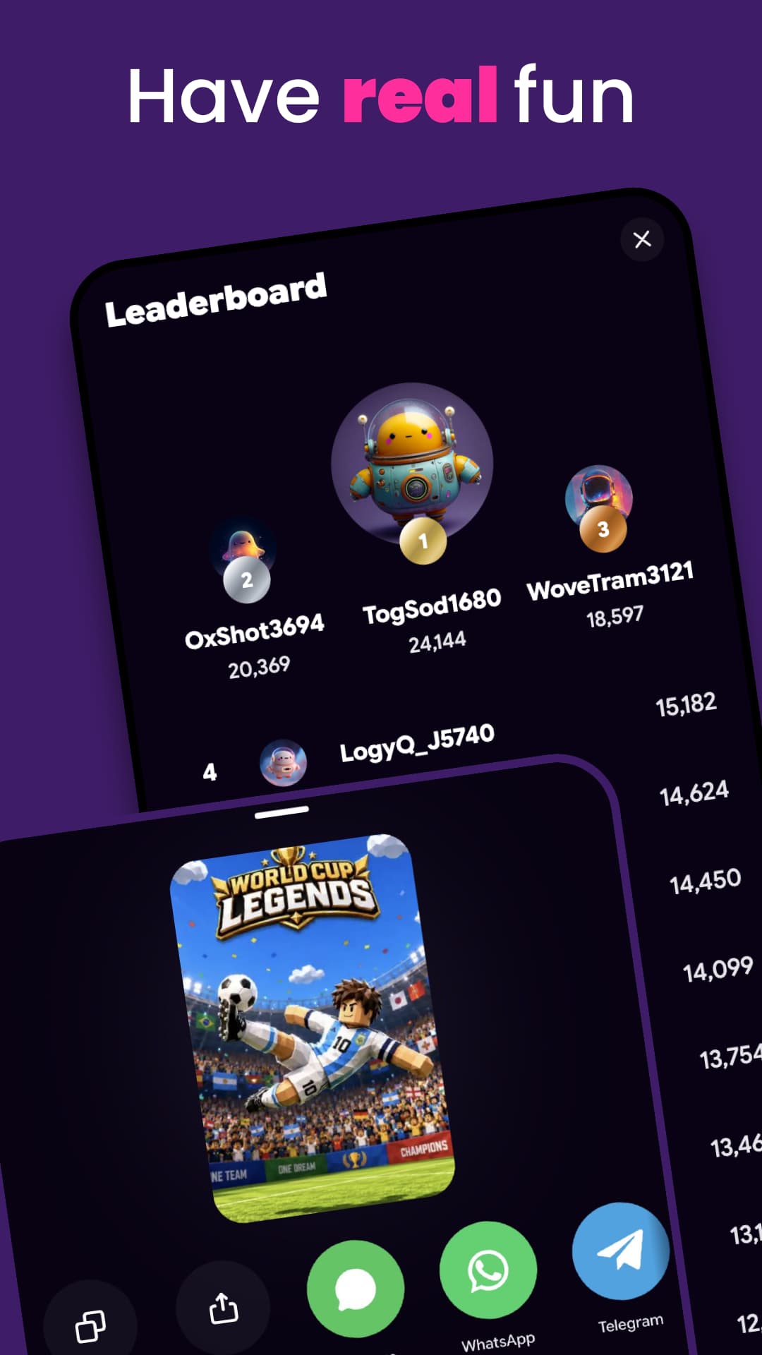 Astrocade: Have real fun, with a game leaderboard and sharing controls.