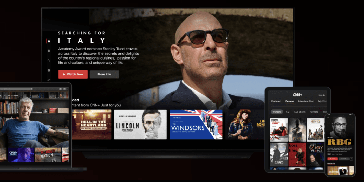 CNN+ promotional artwork showing Searching for Italy on a TV, with program discovery on laptop, tablet, and phone.
