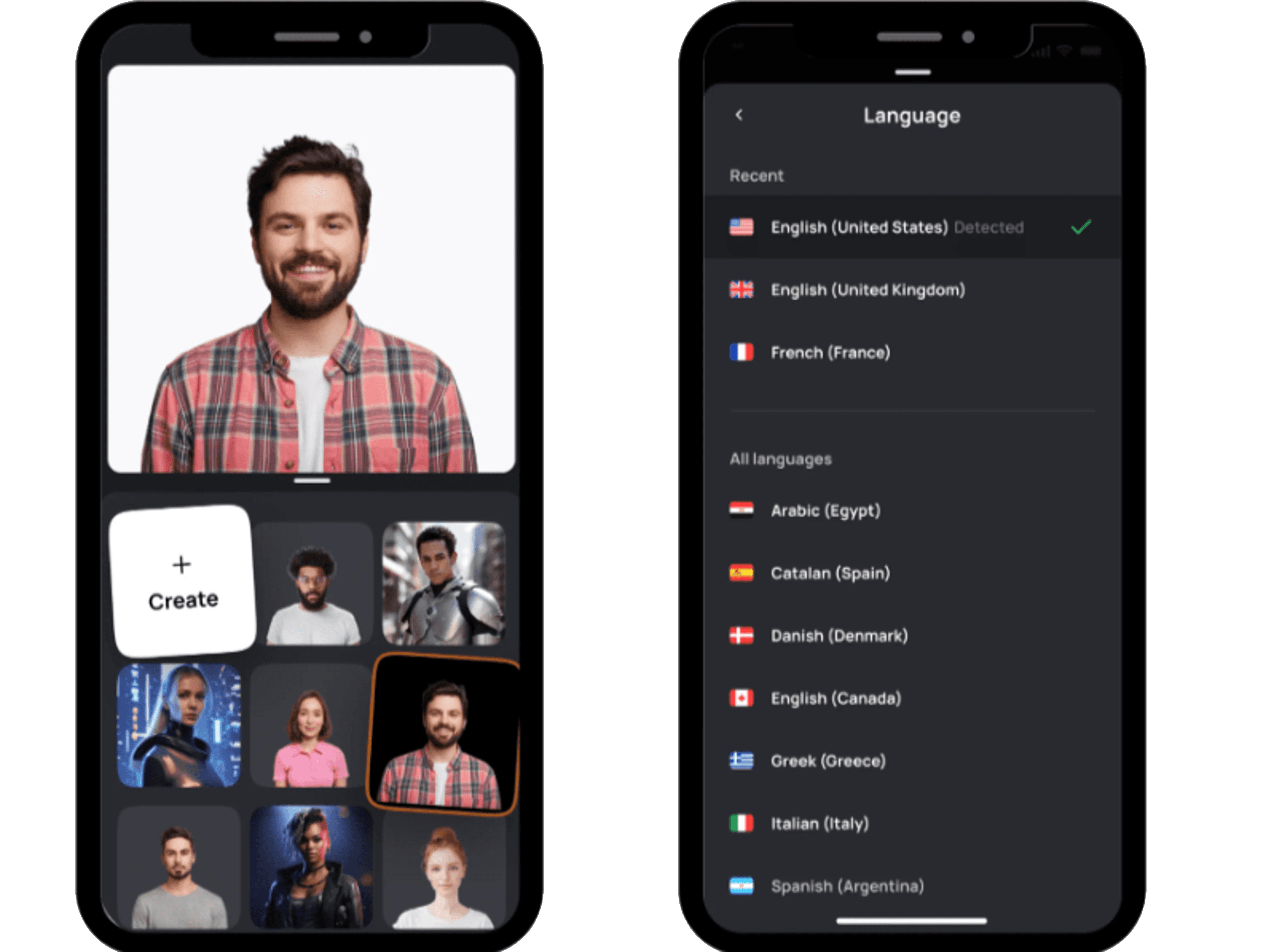 D-ID Mobile Studio showing avatar selection on one phone and language selection on another.
